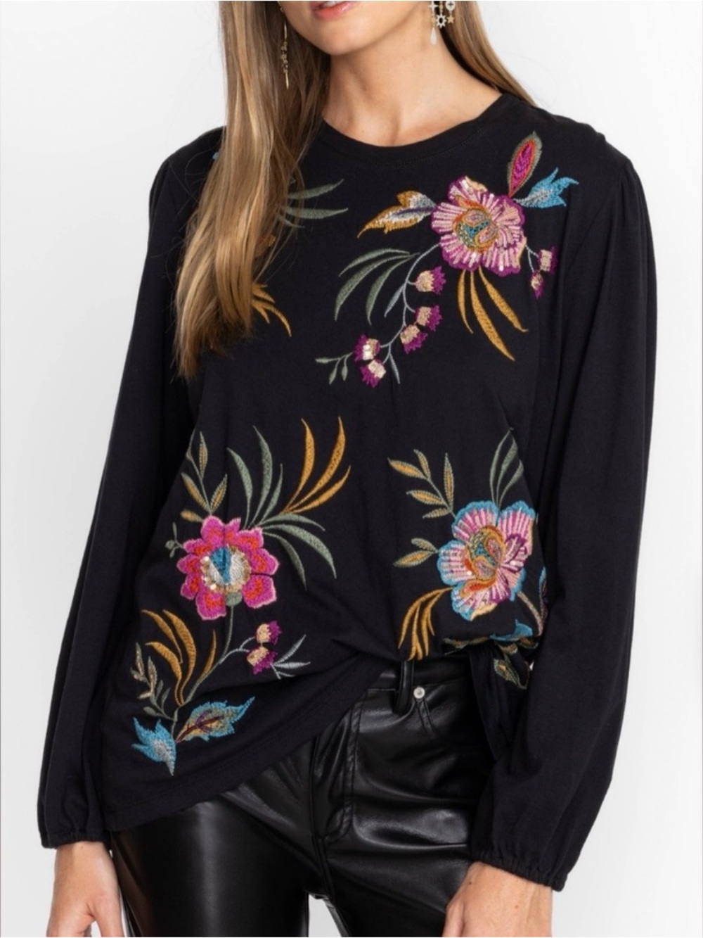 Johnny Was Sidonia Embroidered Floral Boho Top Black Bishop Balloon Sleeve xs